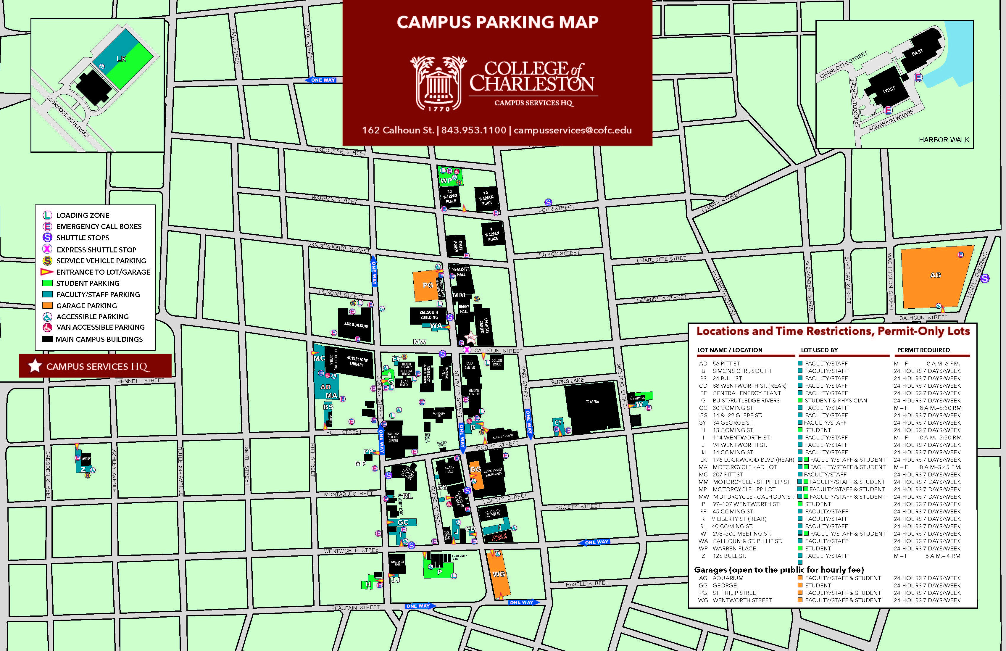 clickable button showing CofC's parking map